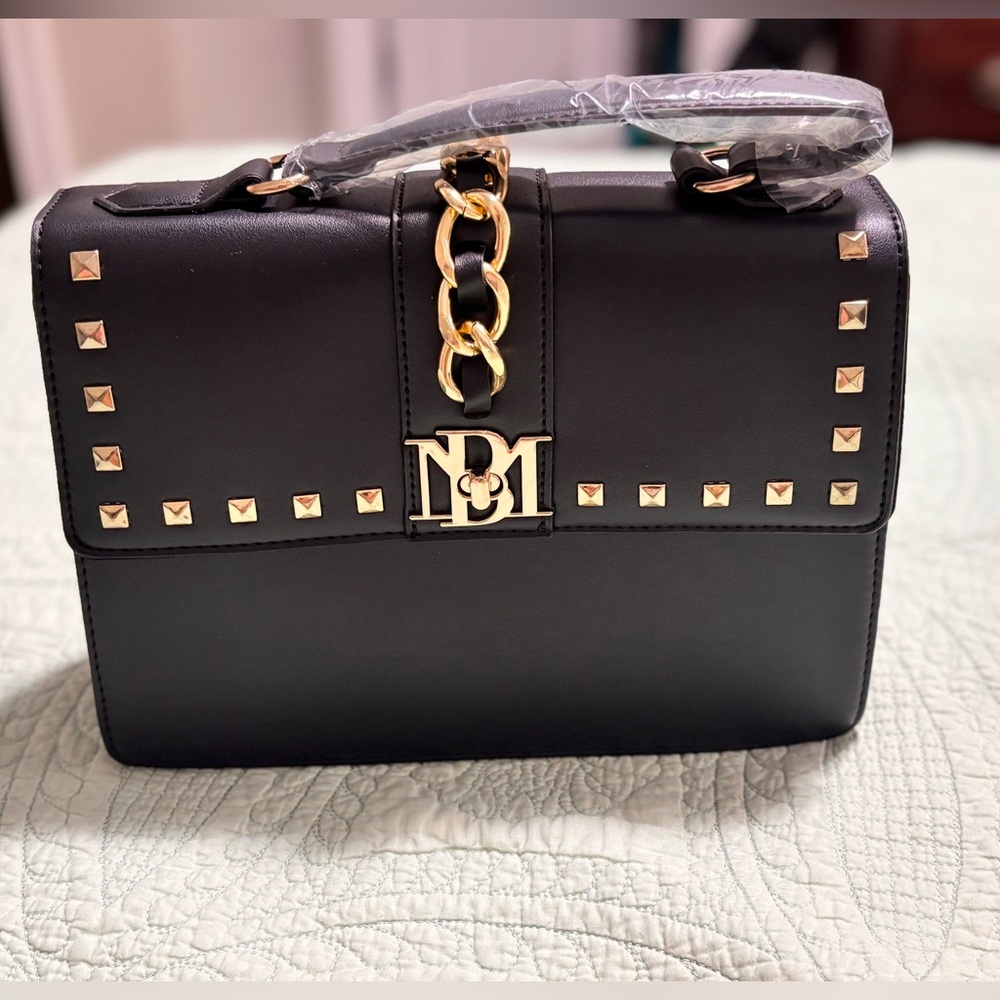 NWT Badgley Mischka Black Studded Crossbody Bag with Gold Accents